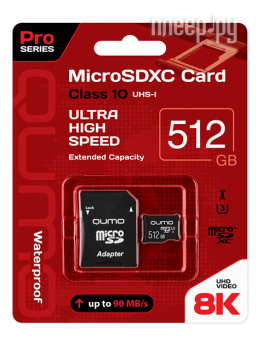 Карта памяти 512Gb - Qumo Pro Seria Micro Secure Digital XC Class 10 UHS-I U3 QM512GMICSDXC10U3 с переходником под SD