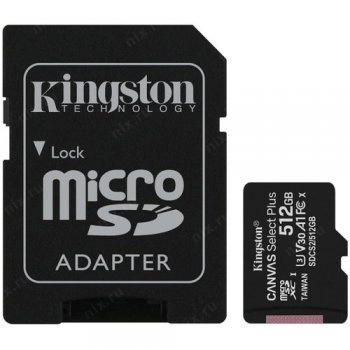 Карта памяти Kingston <SDCS2/512GB> microSDXC Memory Card 512Gb A1 V30 UHS-I U3 + microSD-->SD Adapter