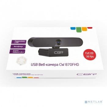 Веб-камера CBR CW 870FHD Black, с матрицей 2 МП, разрешение видео 1920х1080, USB 2.0, встроенный микрофон с шумоподавлением, автофокус, крепление на м