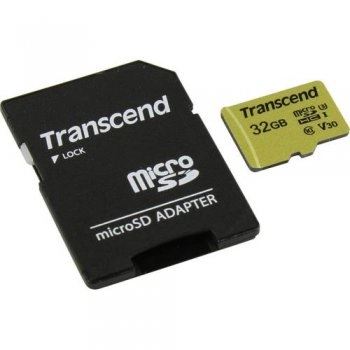 Карта памяти Transcend <TS32GUSD500S> microSDHC Memory Card 32Gb UHS-I U3 V30 + microSD-->SD Adapter