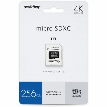 Карта памяти micro SDXC Smartbuy 256GB U3 V30 A1 Advanced R/W up to 90/55 с адаптером (SB256GBSDU1A-AD)