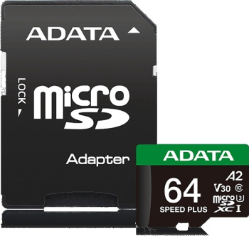 Карта памяти microSD A-DATA 64GB microSDXC Class 10 UHS-I U3 V30 A2 160/140 MB/s (SD адаптер)