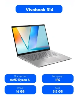 Ноутбук Asus Vivobook S14 M3407HA 14", AMD Ryzen 5 220, 16 ГБ, SSD 512 ГБ, AMD Radeon Graphics, Без ОС, (90NB16E2-M002Z0), серебристый, Русская раскла