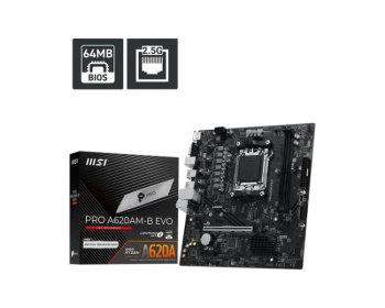 Материнская плата MSI PRO A620AM-B EVO A620, AM5, 2*DDR5, 1*PCIEx16, 1*PCIEx1, 1*M.2, 1*TypeC, 6*USB3.2Gen1, 6*USB2.0, 2*SATA3.0, 2.5G, VGA, HDMI, M-A